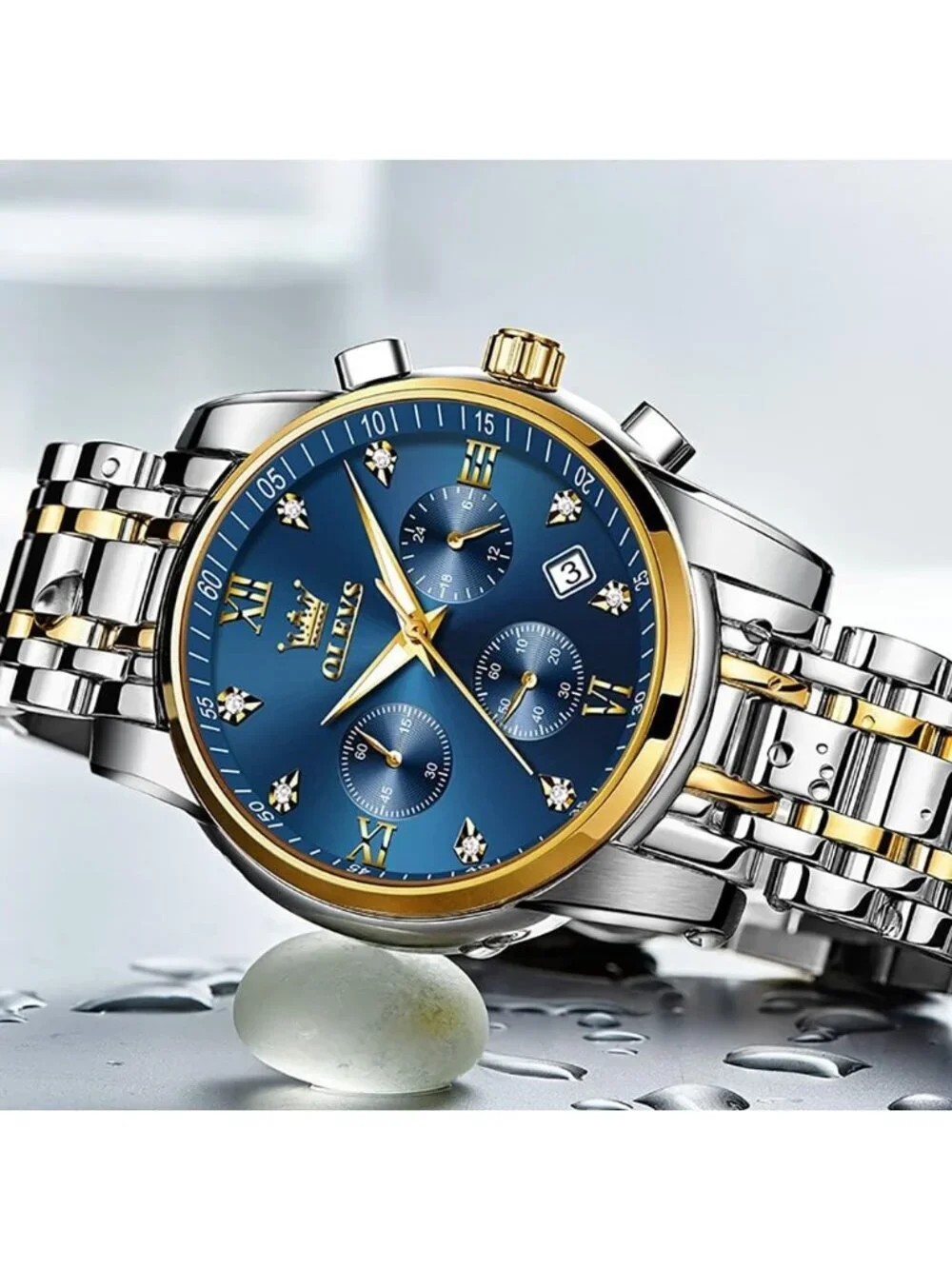 Olevs Men Silver Gold Multifunction Blue Face Waterproof Chronograph Wrist Watch